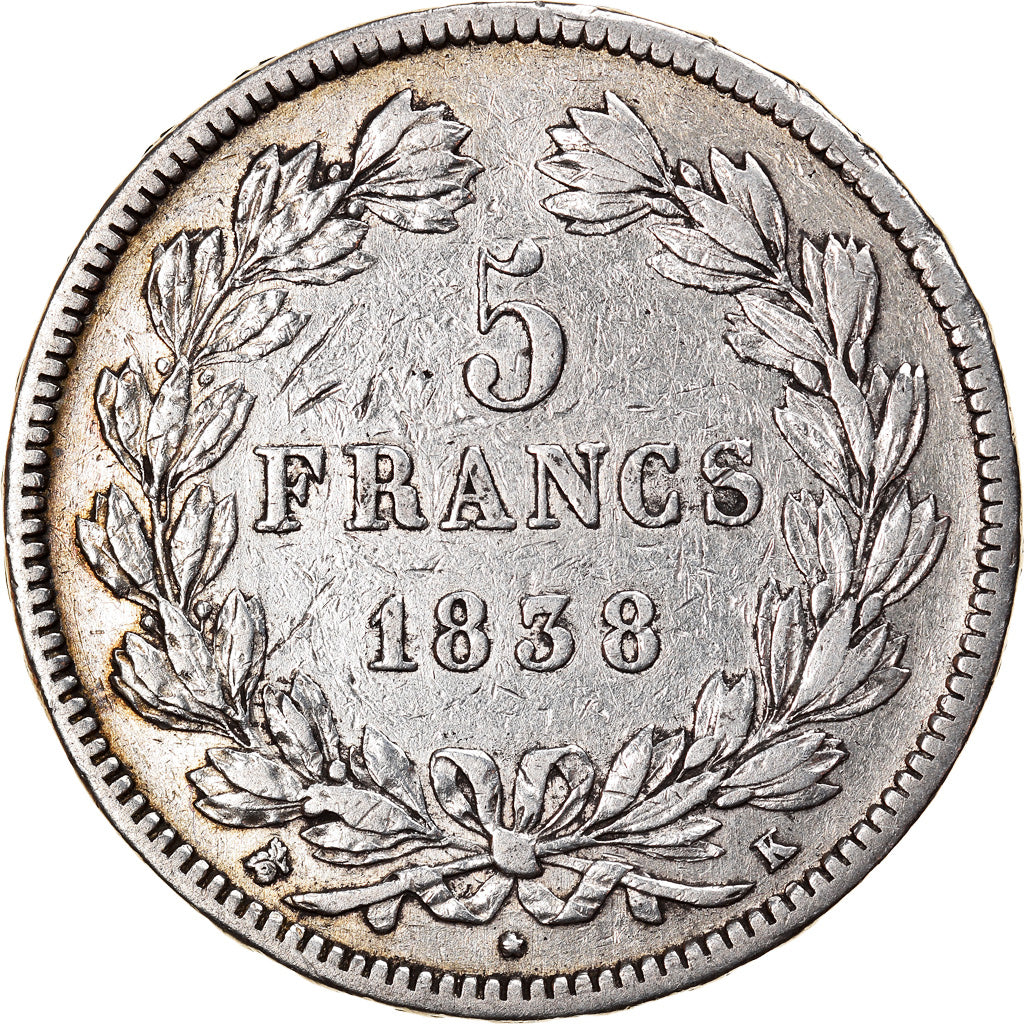 Coin, France, Louis-Philippe, 5 Francs, 1838, Bordeaux, VF(30-35), Silver