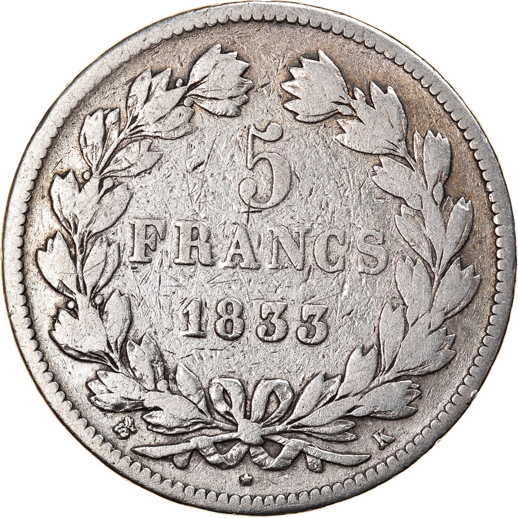 Coin, France, Louis-Philippe, 5 Francs, 1833, Bordeaux, F(12-15), Silver