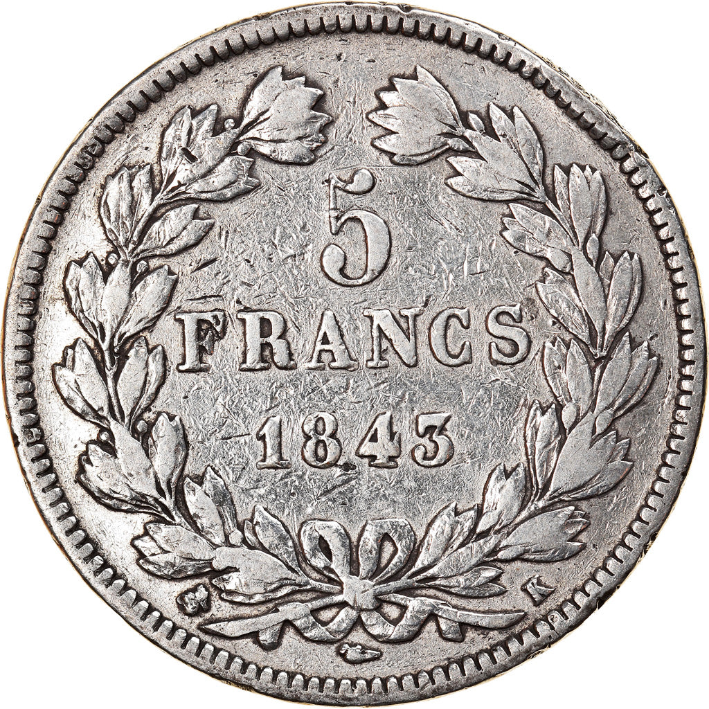 Moneta, Francia, Louis-Philippe, 5 Francs, 1843, Bordeaux, B+, Argento