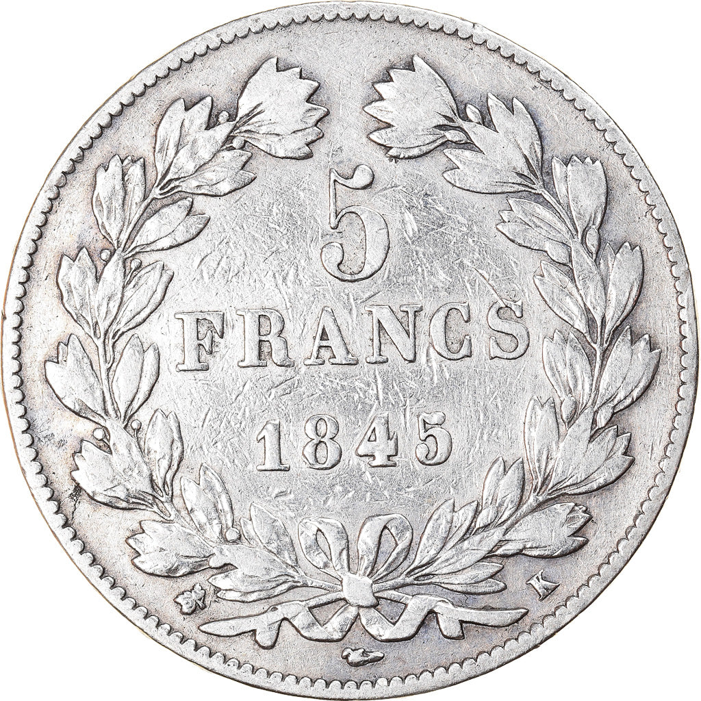 Moneta, Francia, Louis-Philippe, 5 Francs, 1845, Bordeaux, MB, Argento