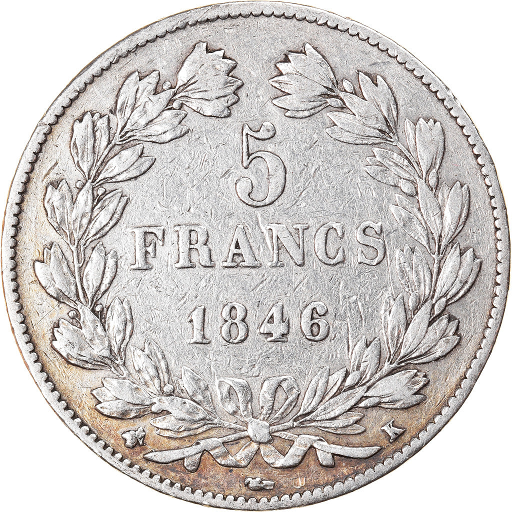 Moneta, Francia, Louis-Philippe, 5 Francs, 1846, Bordeaux, MB+, Argento