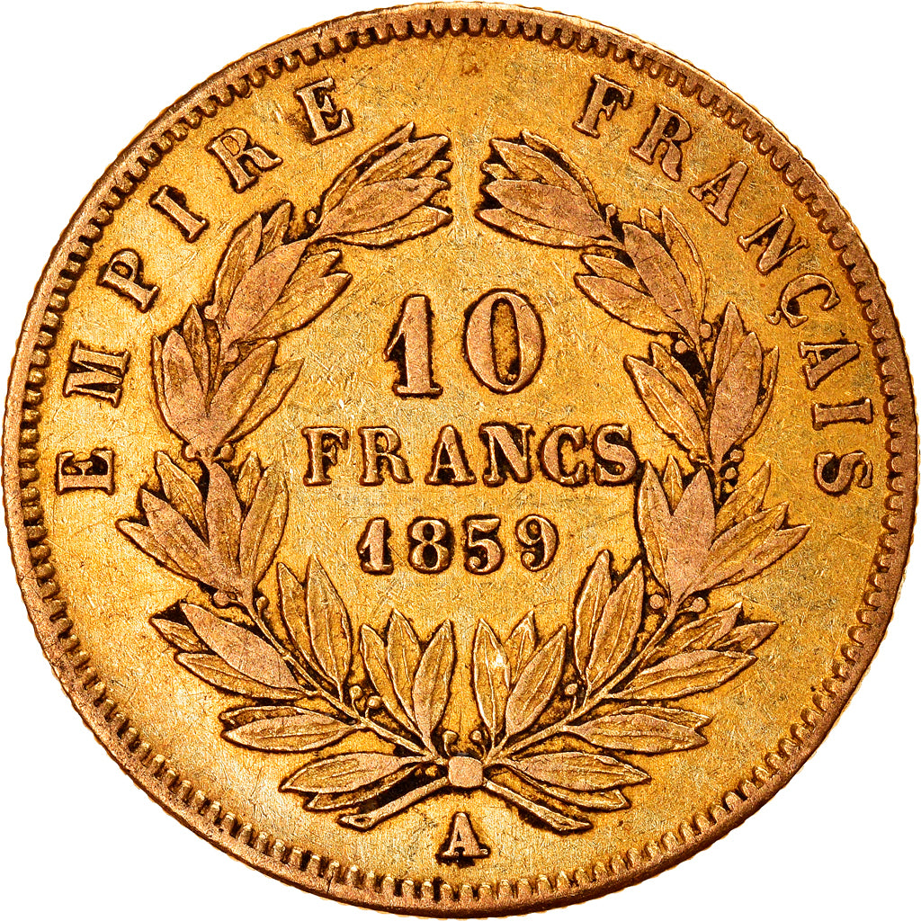 Moneda, Francia, Napoleon III, 10 Francs, 1859, Paris, BC+, Oro, KM:784.3