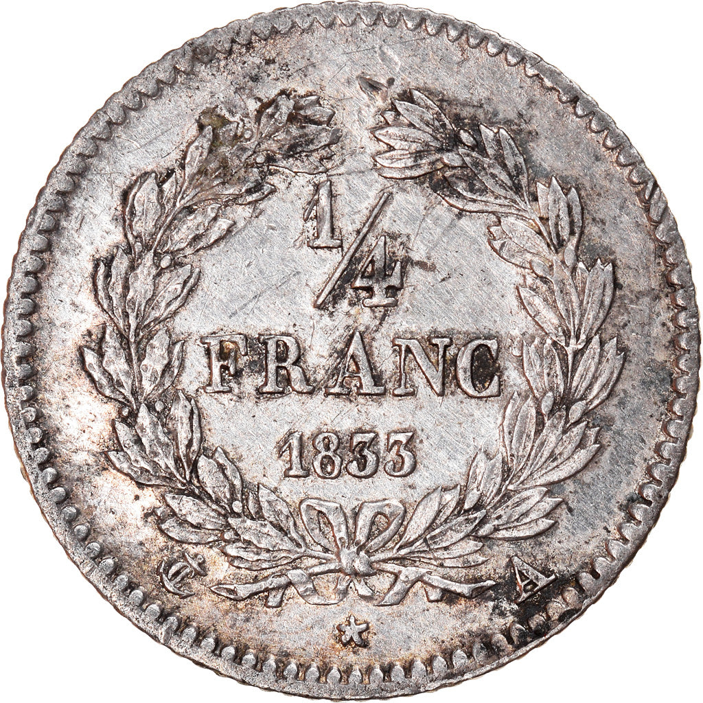 Coin, France, Louis-Philippe, 1/4 Franc, 1833, Paris, AU(50-53), Silver