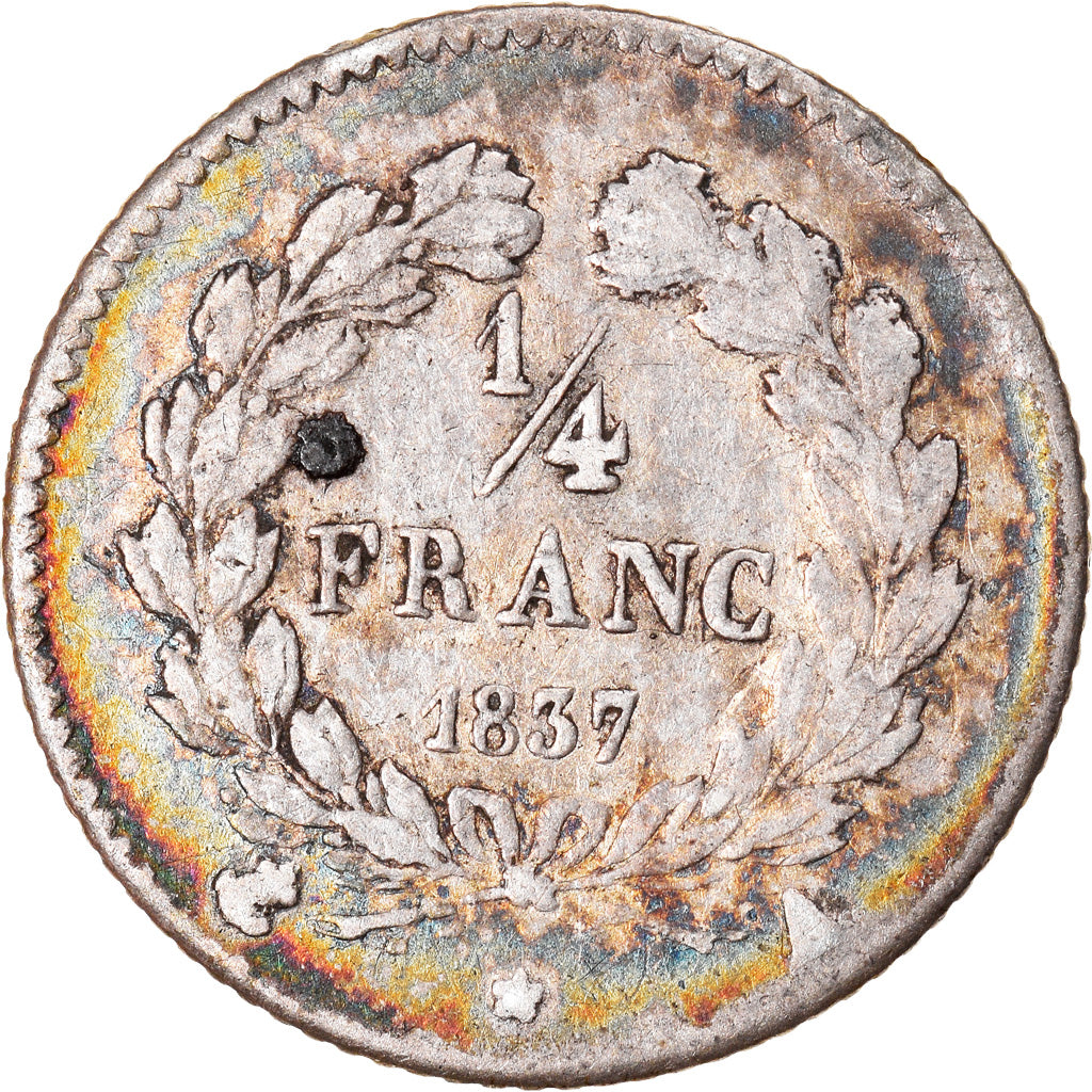 Moneta, Francia, Louis-Philippe, 1/4 Franc, 1837, Paris, MB+, Argento, KM:740.1