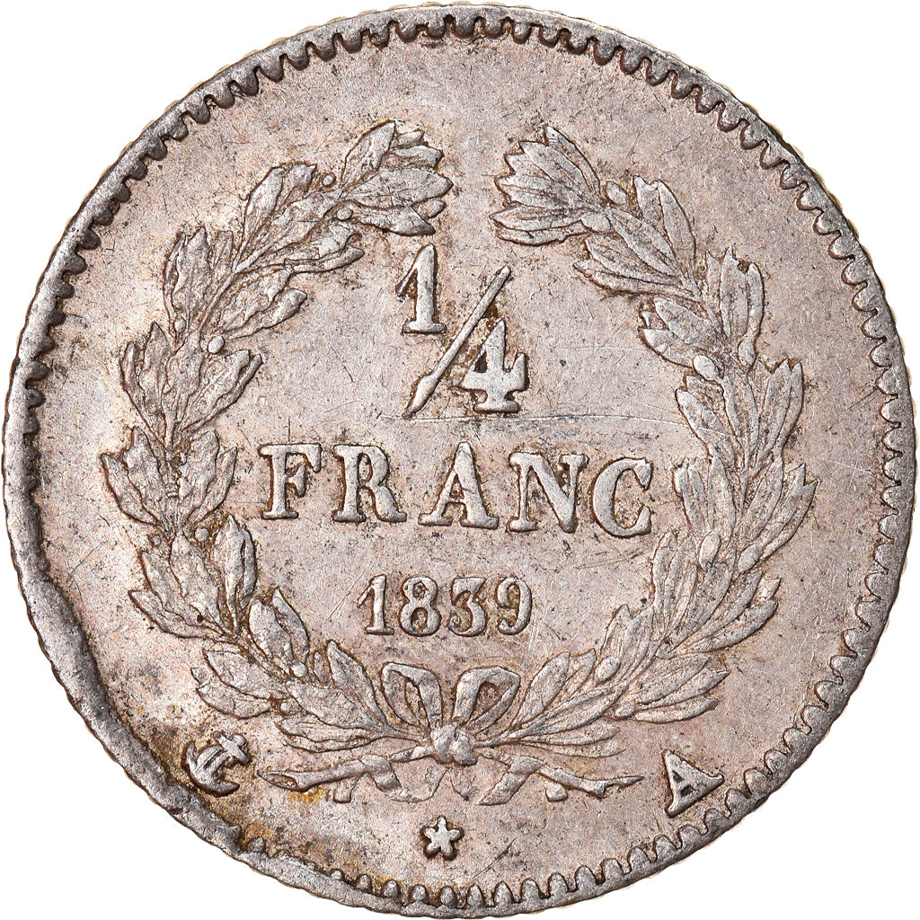 Coin, France, Louis-Philippe, 1/4 Franc, 1839, Paris, AU(50-53), Silver
