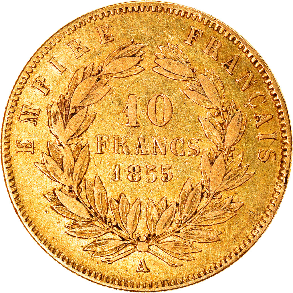 Moneda, Francia, Napoleon III, Napoléon III, 10 Francs, 1855, Paris, BC+, Oro