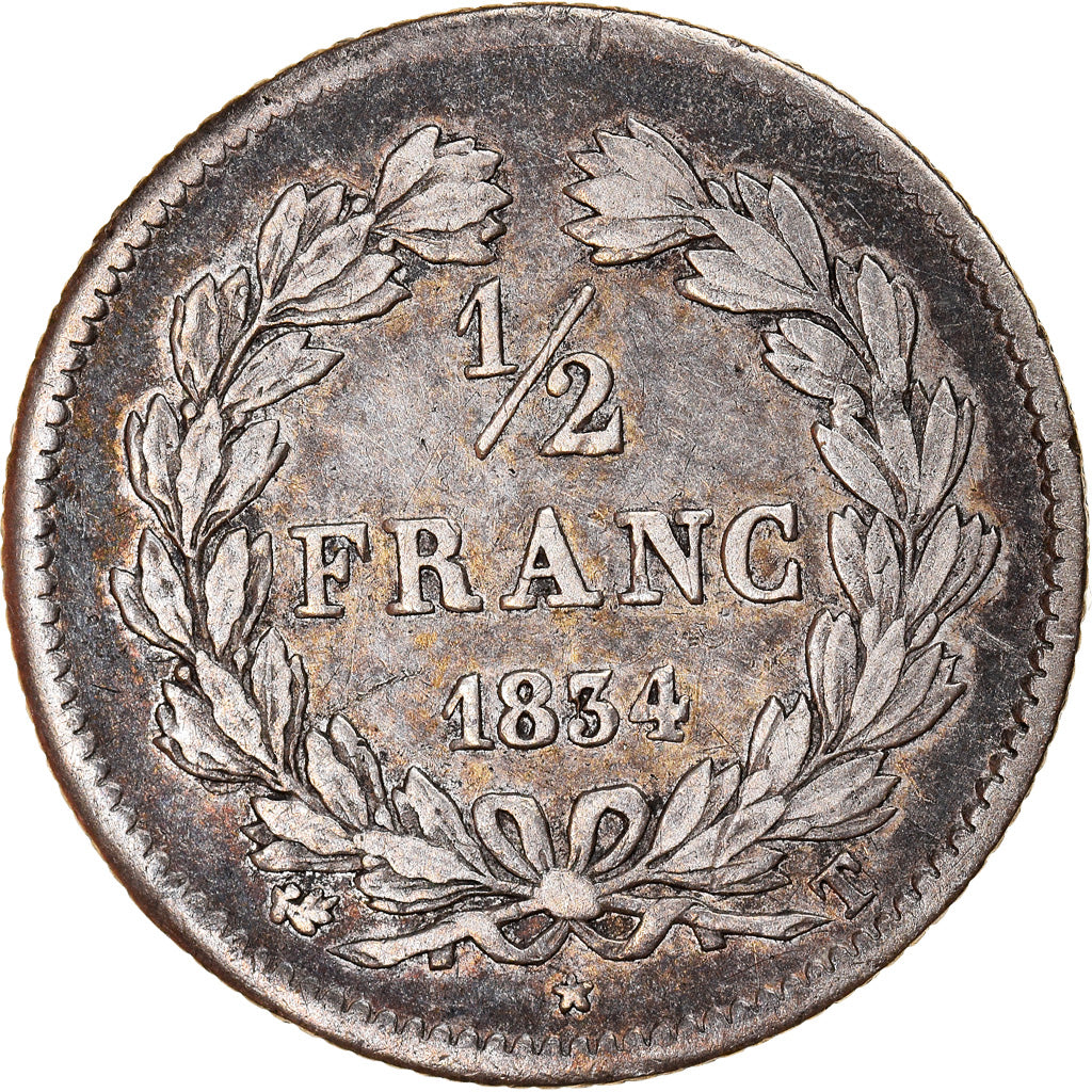 Moeda, França, Louis-Philippe, 1/2 Franc, 1834, Nantes, EF(40-45), Prata