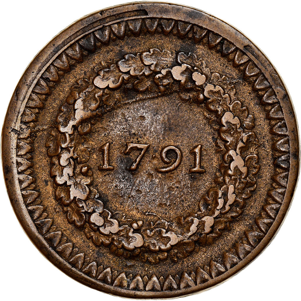 Moneda, Francia, Dixain de Rochon, 1791, Lyon, MBC, Métal de cloche