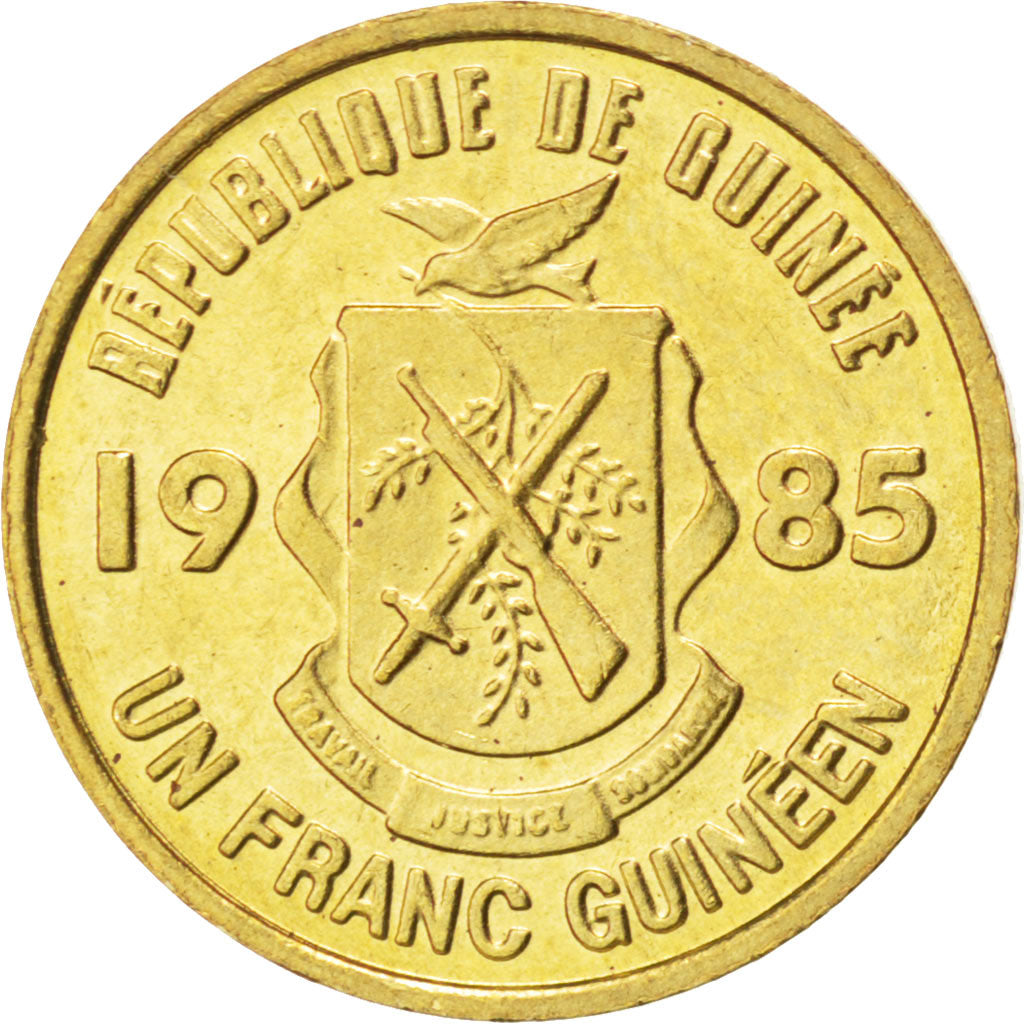 Coin, Guinea, Franc, 1985, MS(63), Brass Clad Steel, KM:56