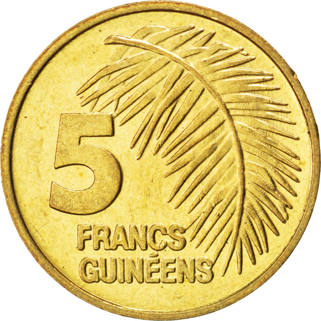 Coin, Guinea, 5 Francs, 1985, MS(63), Brass Clad Steel, KM:53