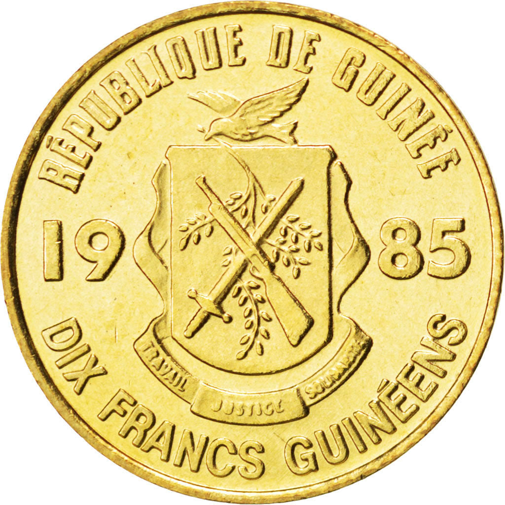 GUINEA, 10 Francs, 1985, KM #52, MS(63), Brass Clad Steel, 20.4, 2.95