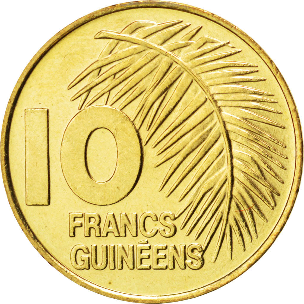 GUINEA, 10 Francs, 1985, KM #52, MS(63), Brass Clad Steel, 20.4, 2.95