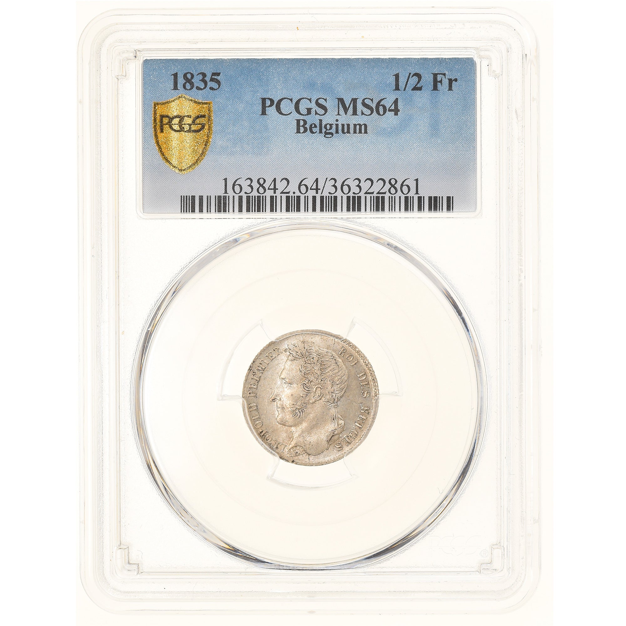 Coin, Belgium, Leopold I, 1/2 Franc, 1835, Brussels, PCGS, MS64, MS(64), Silver