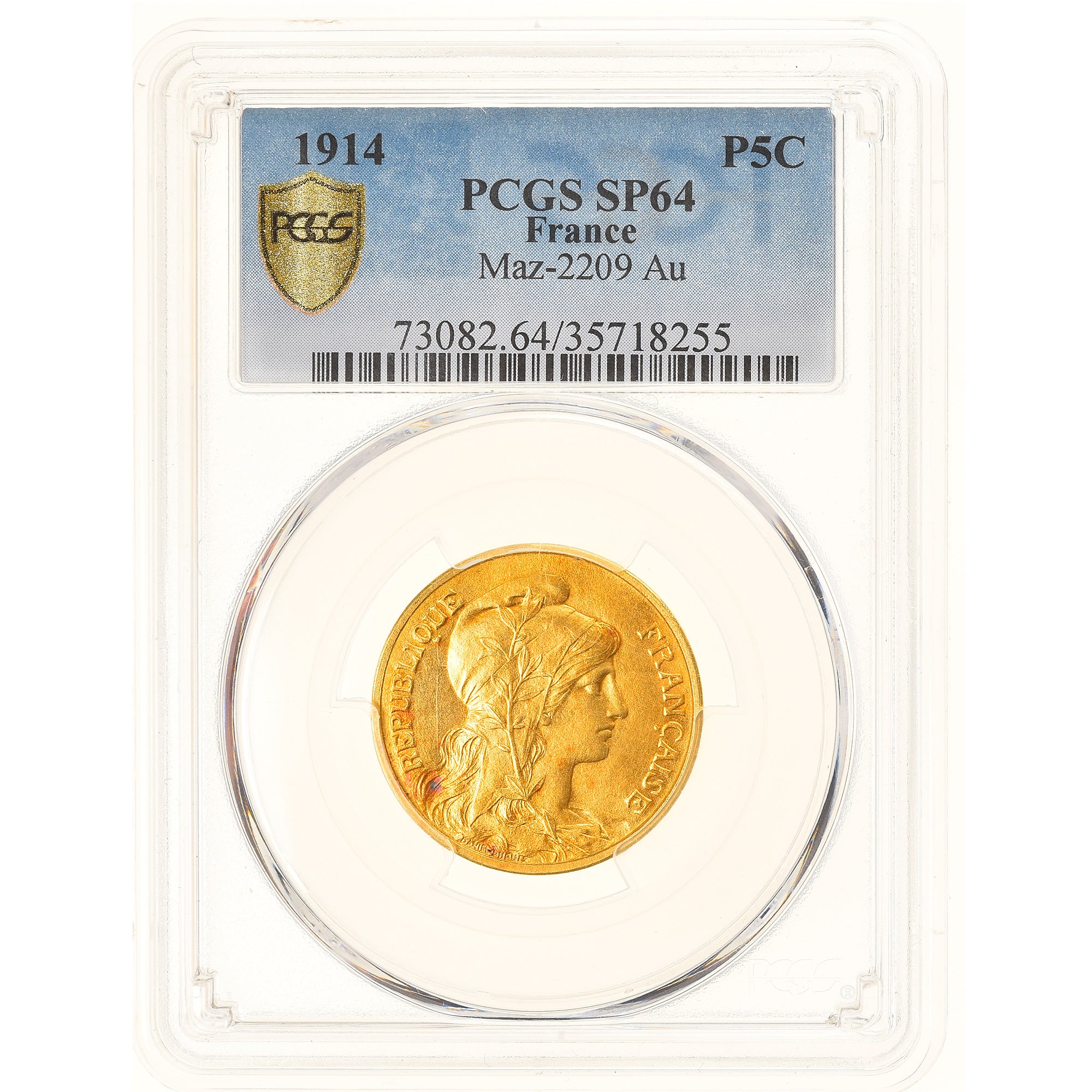 Coin, France, Dupuis, 5 Centimes, 1914, Paris, Epreuve en or, PCGS, SP64