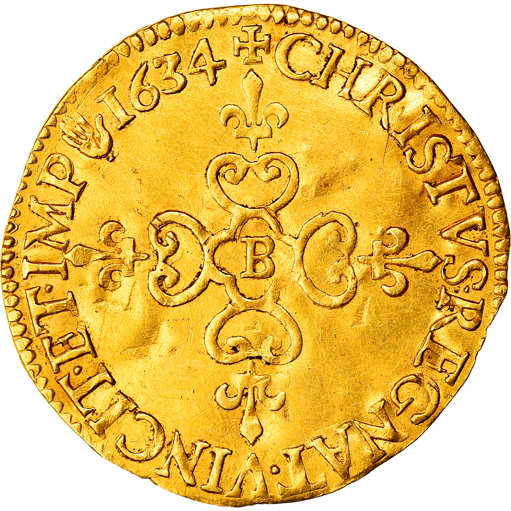Coin, France, Louis XIII, Ecu d'or, 1634, Rouen, AU(55-58), Gold, KM:51
