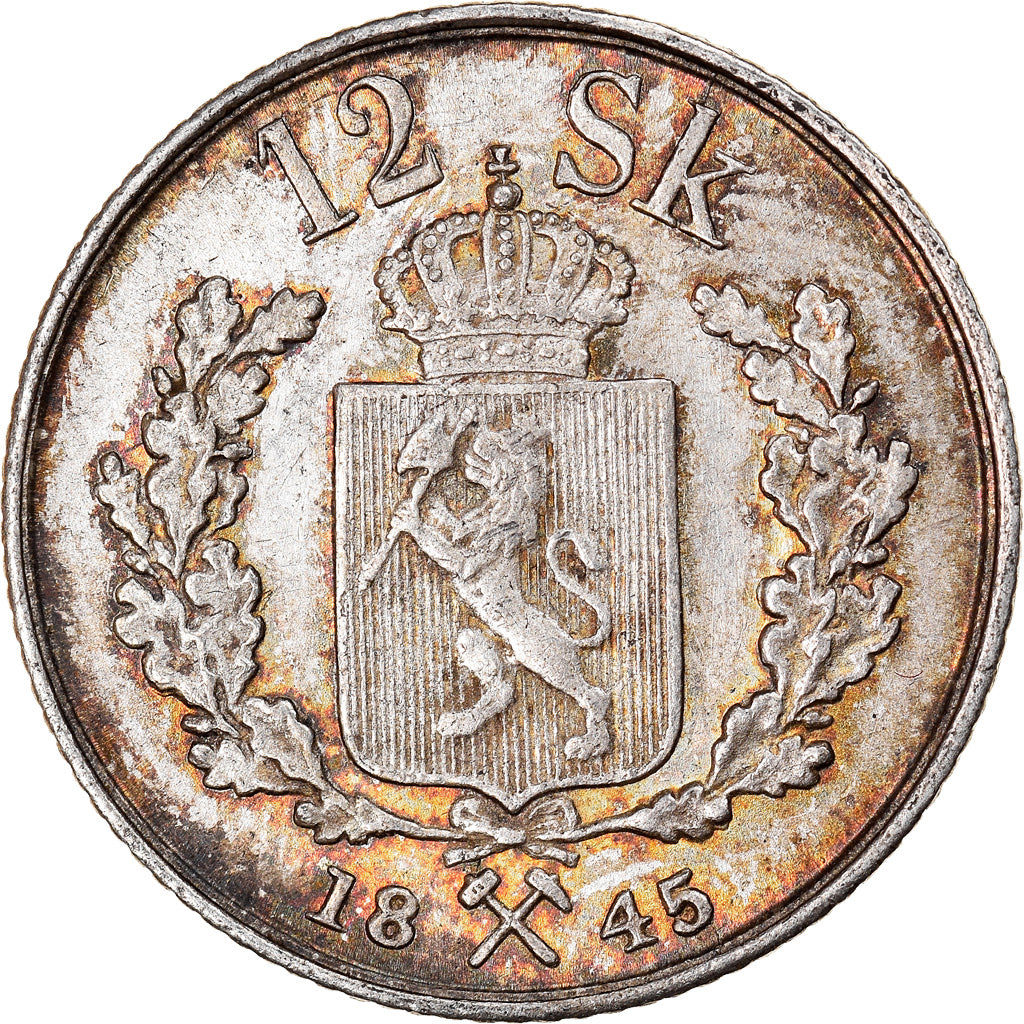 Moneda, Noruega, Oscar I, 12 Skilling, 1845, EBC, Plata, KM:314.1