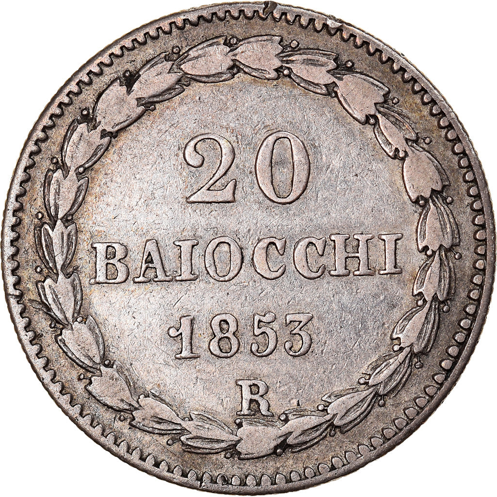 Moneta, STATI ITALIANI, PAPAL STATES, Pius IX, 20 Baiocchi, 1853, Rome, BB
