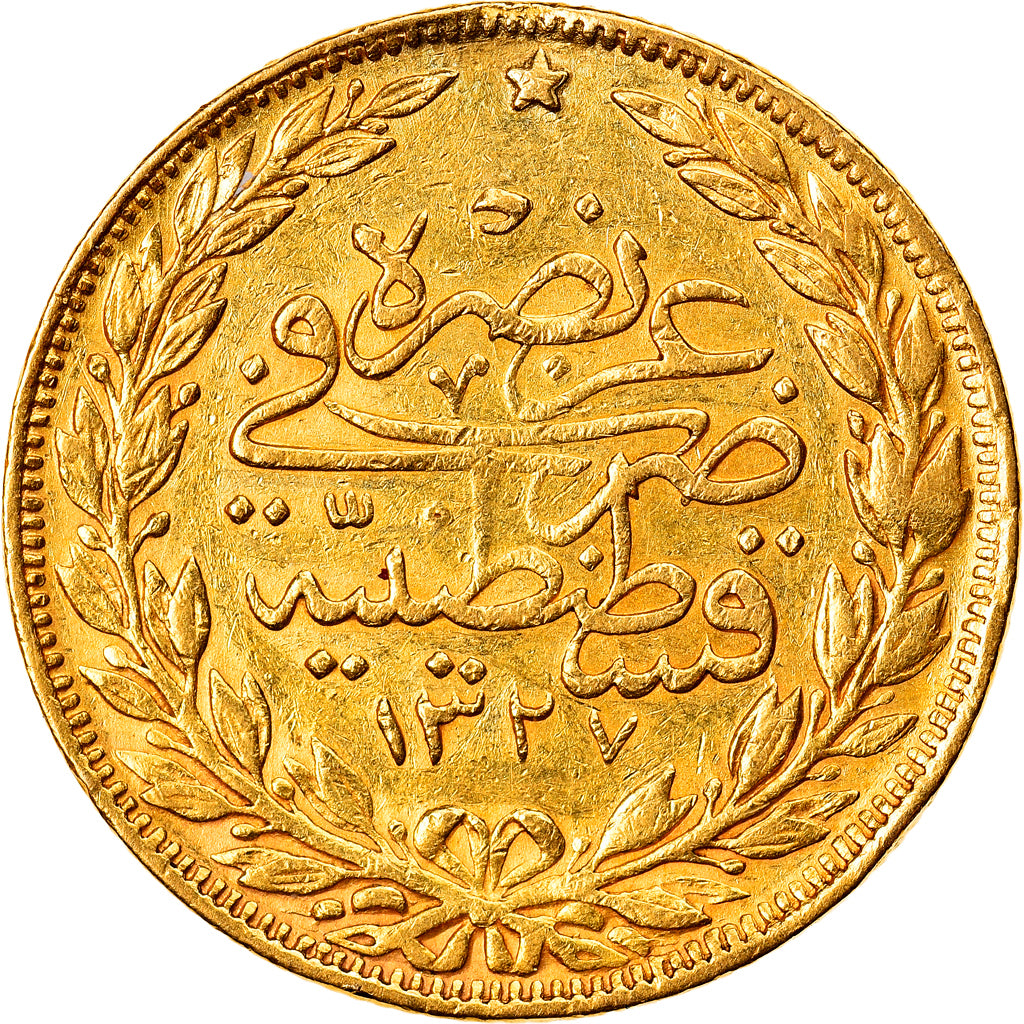 Coin, Turkey, Muhammad V, 100 Kurush, 1917, Qustantiniyah, EF(40-45), Gold