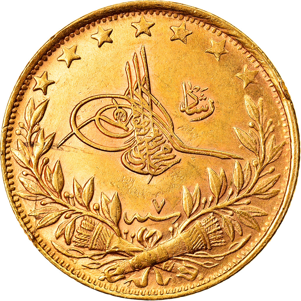 Coin, Turkey, Muhammad V, 100 Kurush, 1915, Qustantiniyah, AU(55-58), Gold