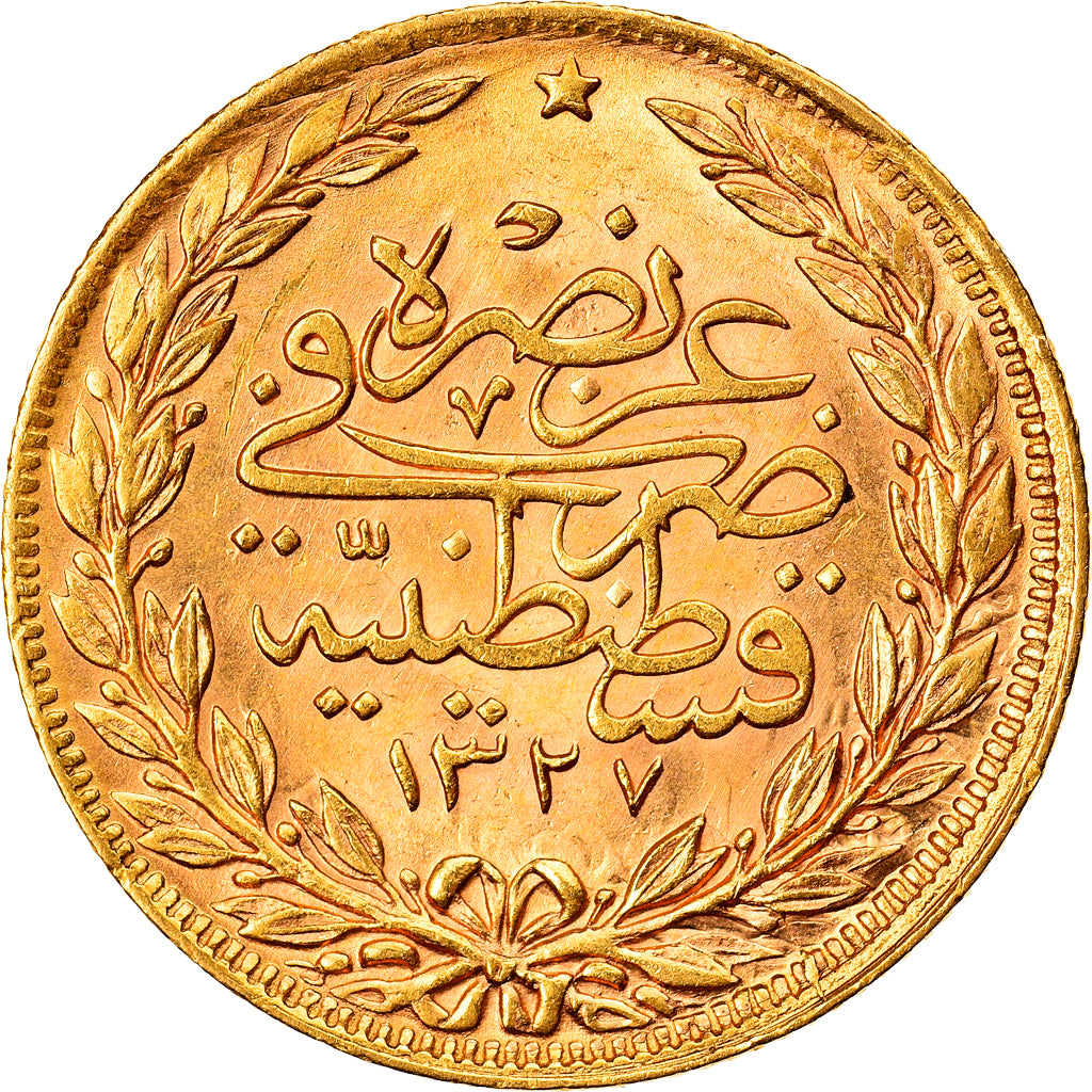 Coin, Turkey, Muhammad V, 100 Kurush, 1915, Qustantiniyah, AU(55-58), Gold