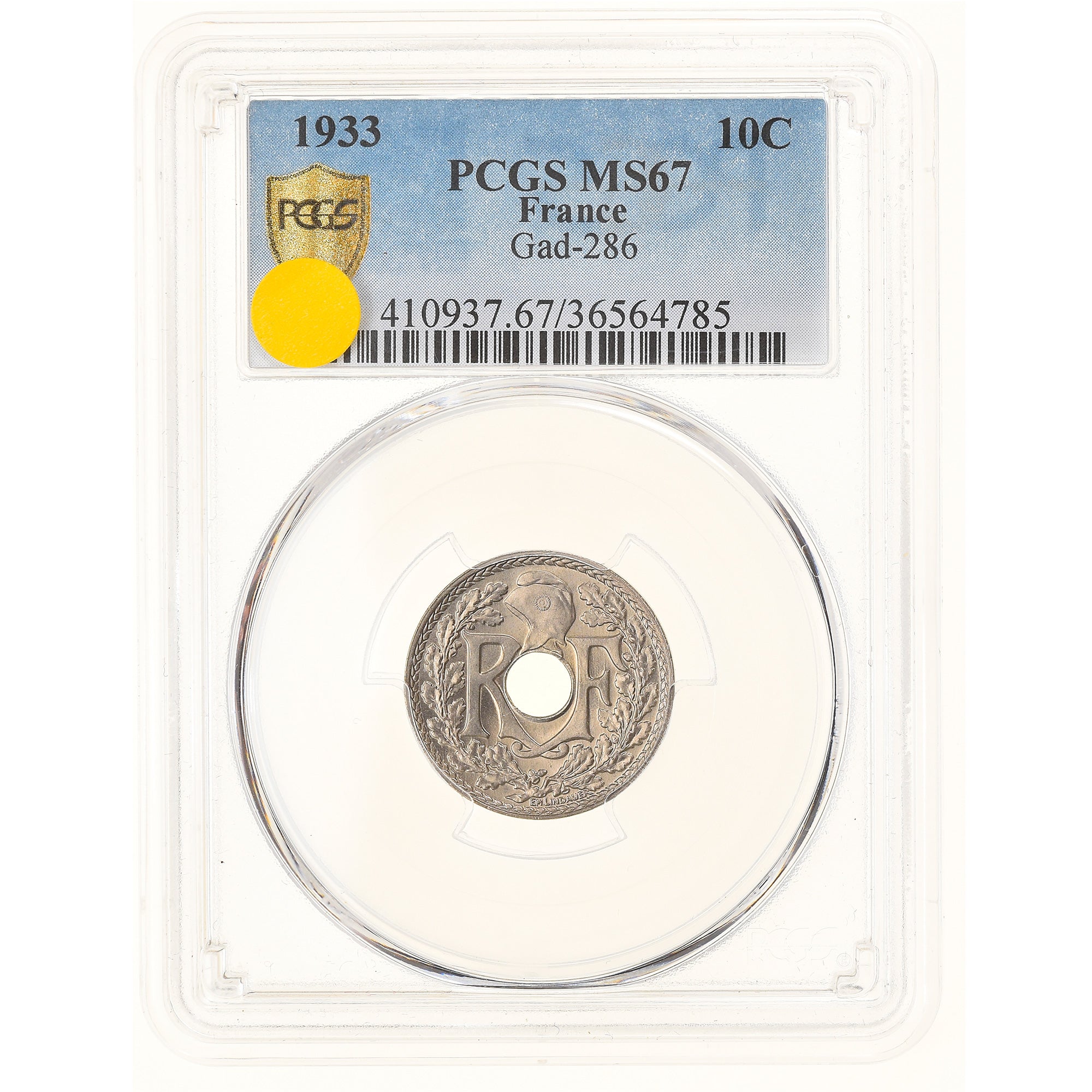 Coin, France, Lindauer, 10 Centimes, 1933, Paris, PCGS, MS67, MS(65-70)