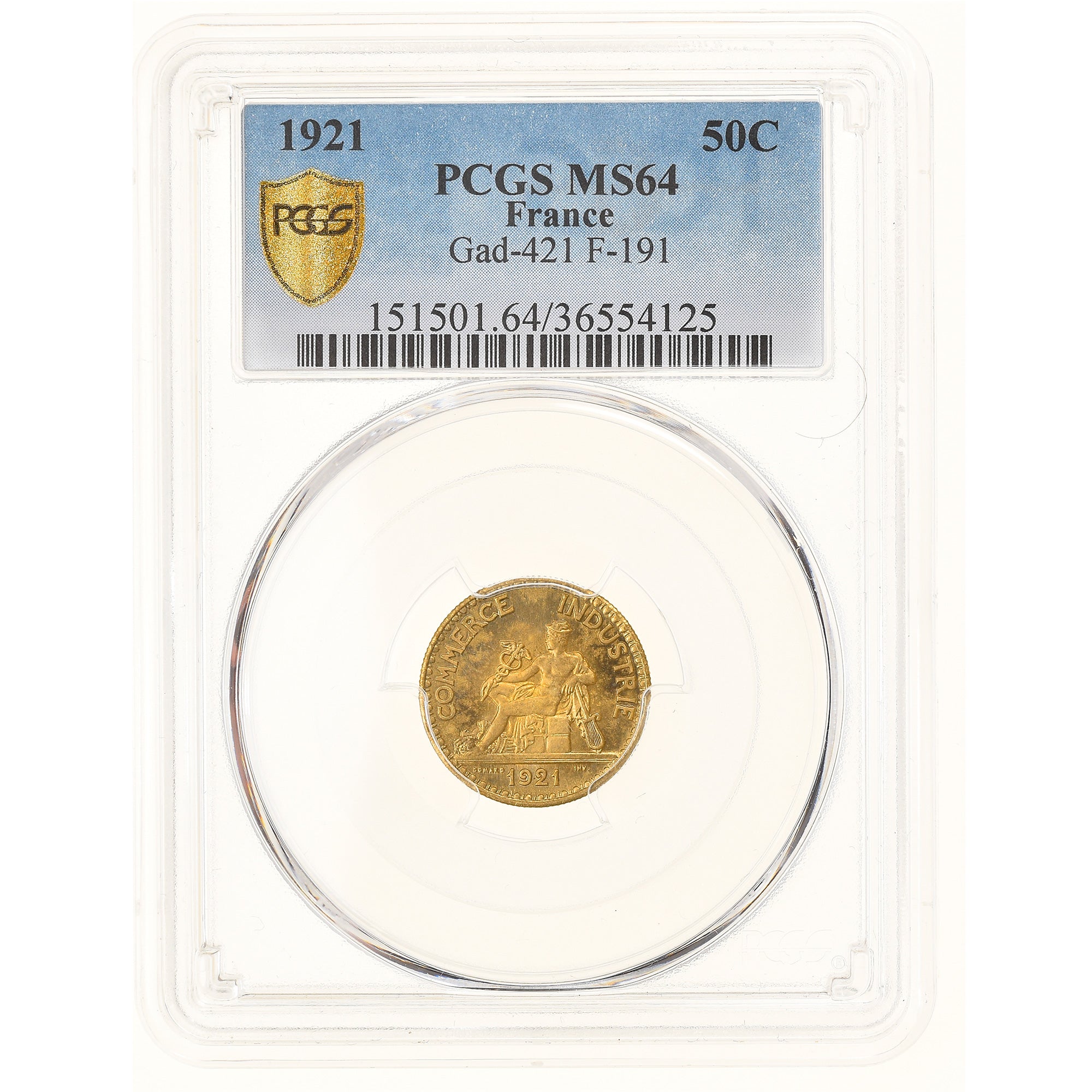 Munten, Frankrijk, Chambre de commerce, 50 Centimes, 1921, Paris, PCGS, MS64