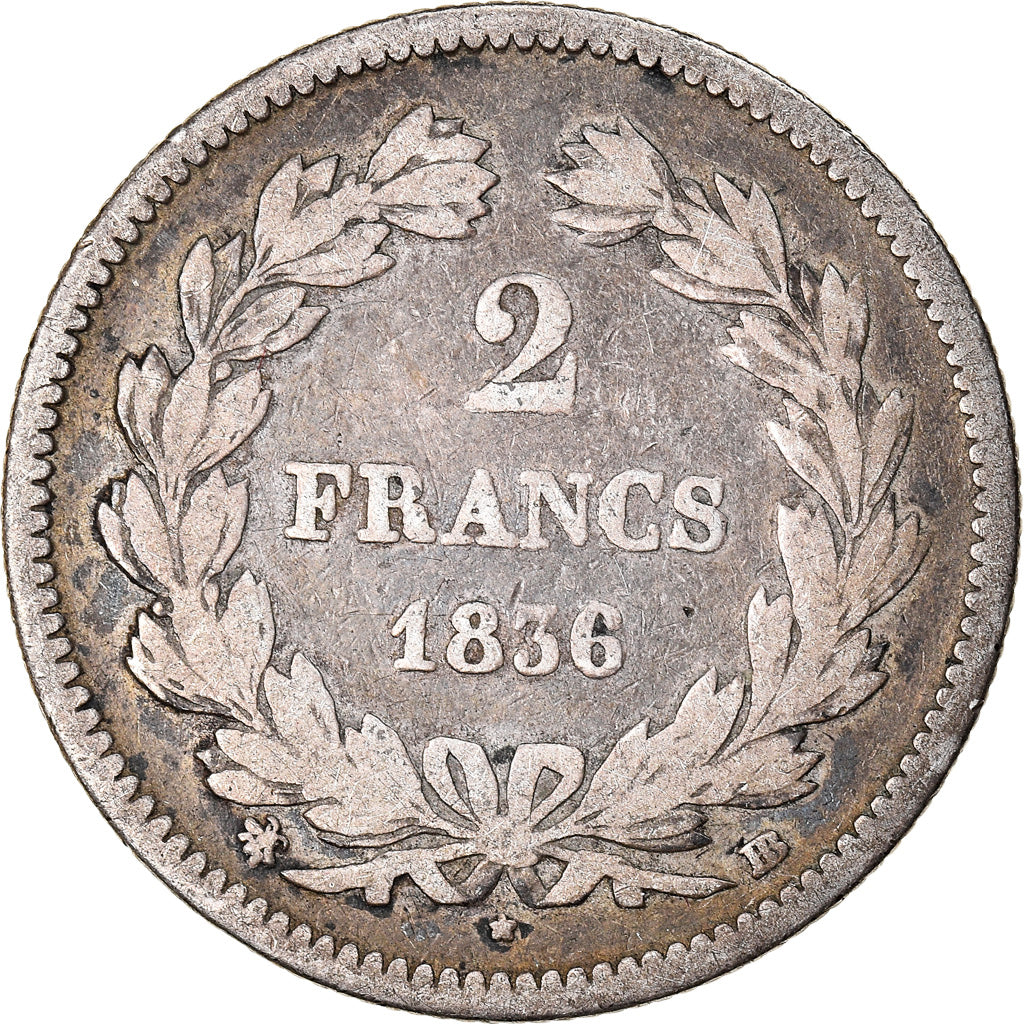 Moneda, Francia, Louis-Philippe, 2 Francs, 1836, Strasbourg, BC, Plata, KM:743.3