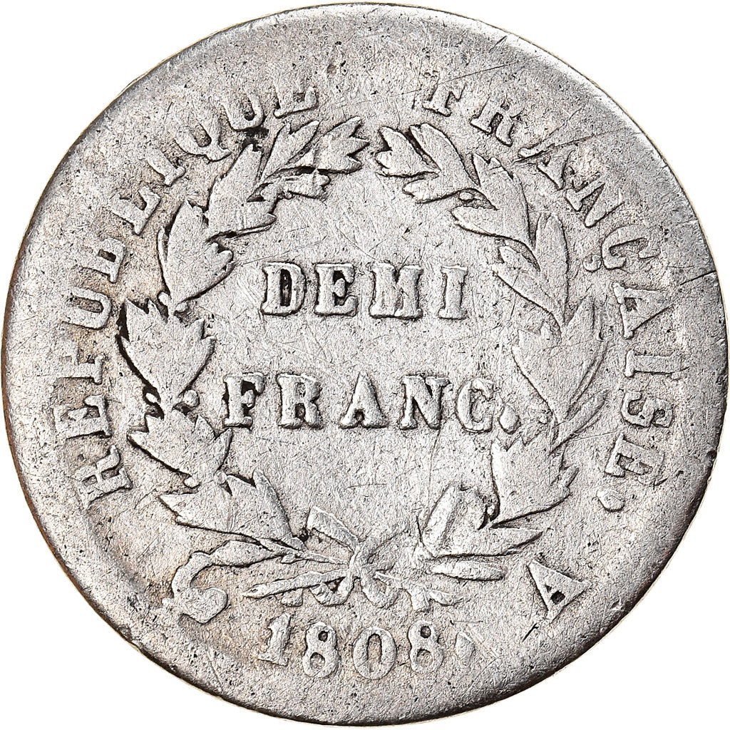Moneta, Francia, Napoléon I, 1/2 Franc, 1808, Paris, MB, Argento, KM:680.1