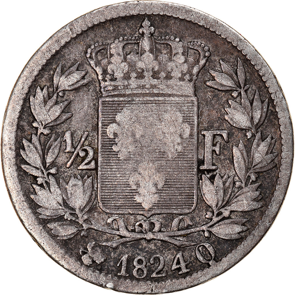 Coin, France, Louis XVIII, 1/2 Franc, 1824, Perpignan, VF(20-25), Silver