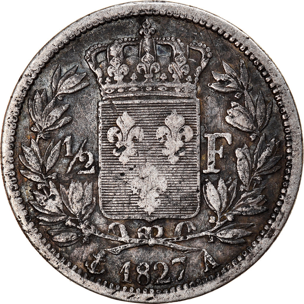 Münze, Frankreich, Charles X, 1/2 Franc, 1827, Paris, SGE+, Silber, KM:723.1