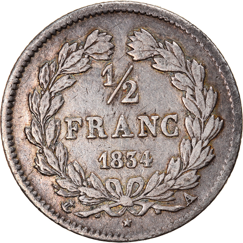 Moeda, França, Louis-Philippe, 1/2 Franc, 1834, Paris, EF(40-45), Prata