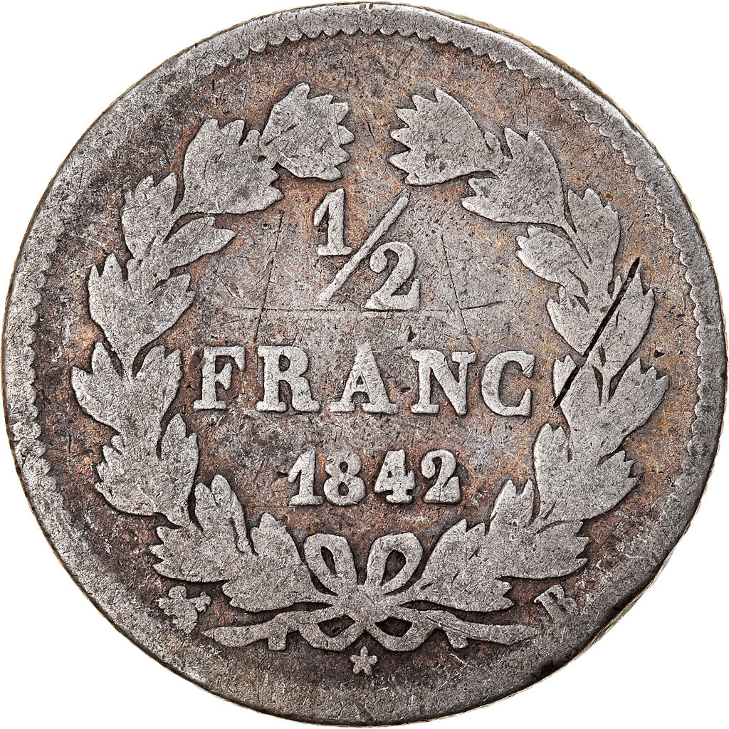 Monnaie, France, Louis-Philippe, 1/2 Franc, 1842, Rouen, B, Argent, Gadoury:408