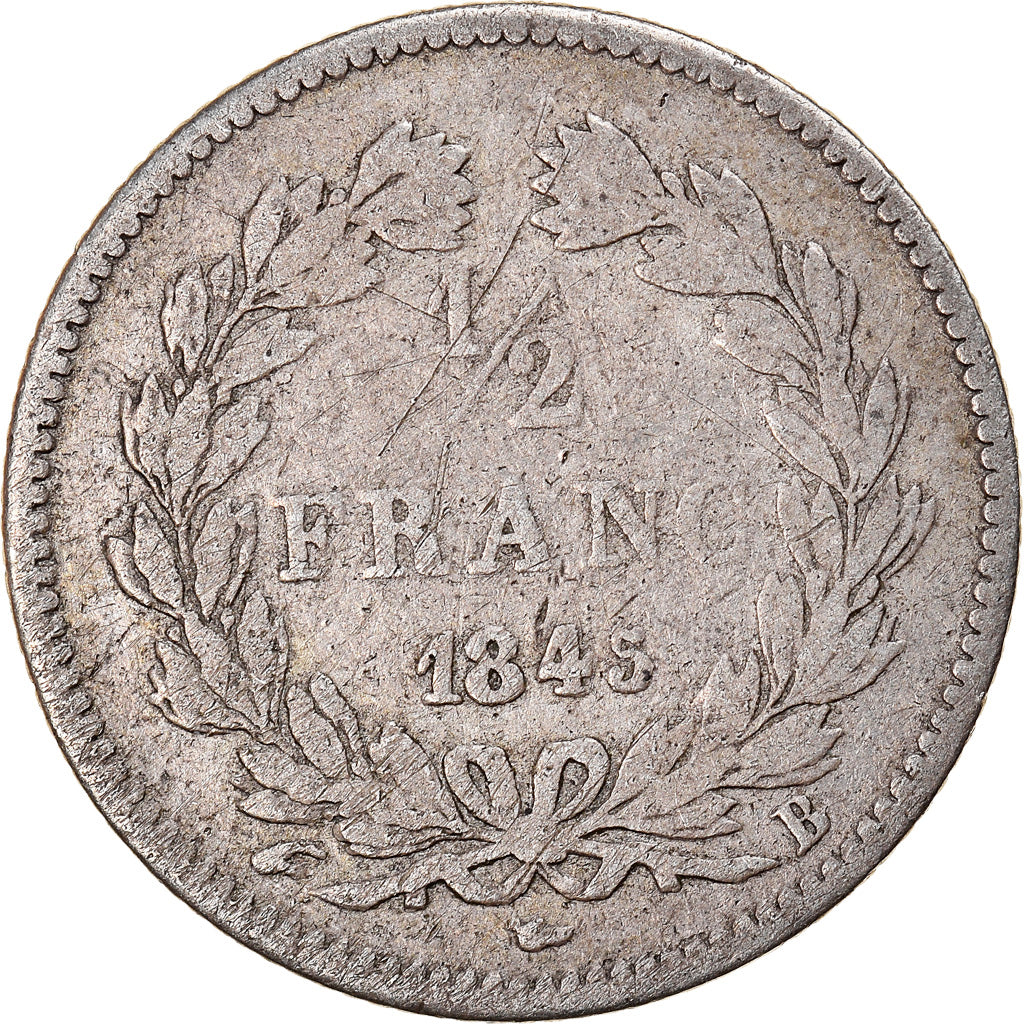 Moneta, Francia, Louis-Philippe, 1/2 Franc, 1845, Rouen, MB, Argento, KM:741.2