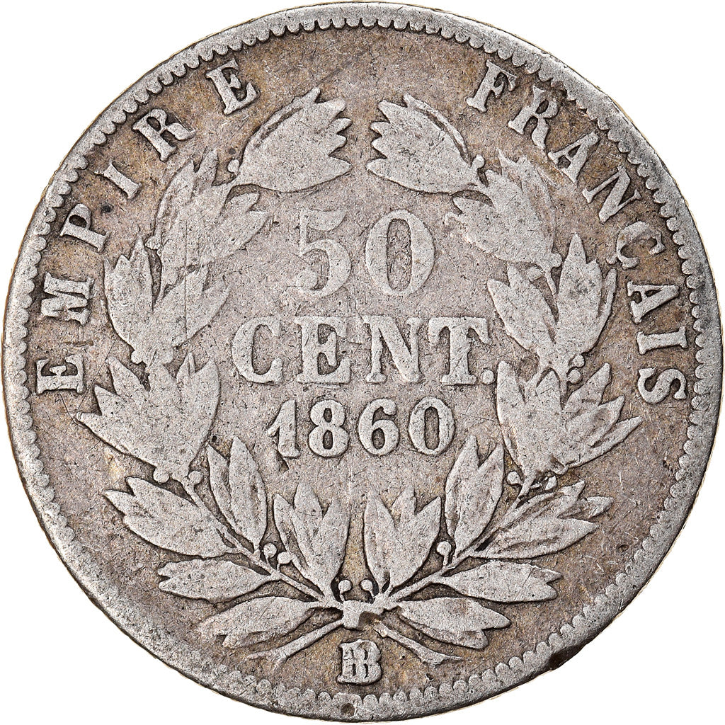 Moneda, Francia, Napoleon III, Napoléon III, 50 Centimes, 1860, Strasbourg, BC