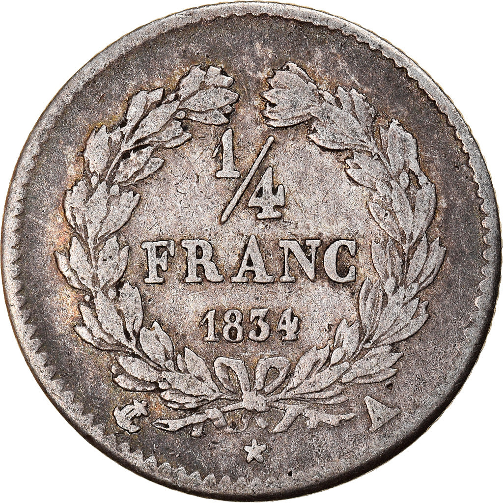 Coin, France, Louis-Philippe, 1/4 Franc, 1834, Paris, EF(40-45), Silver