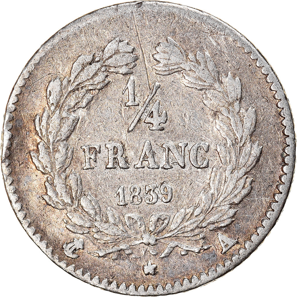 Coin, France, Louis-Philippe, 1/4 Franc, 1839, Paris, AU(50-53), Silver