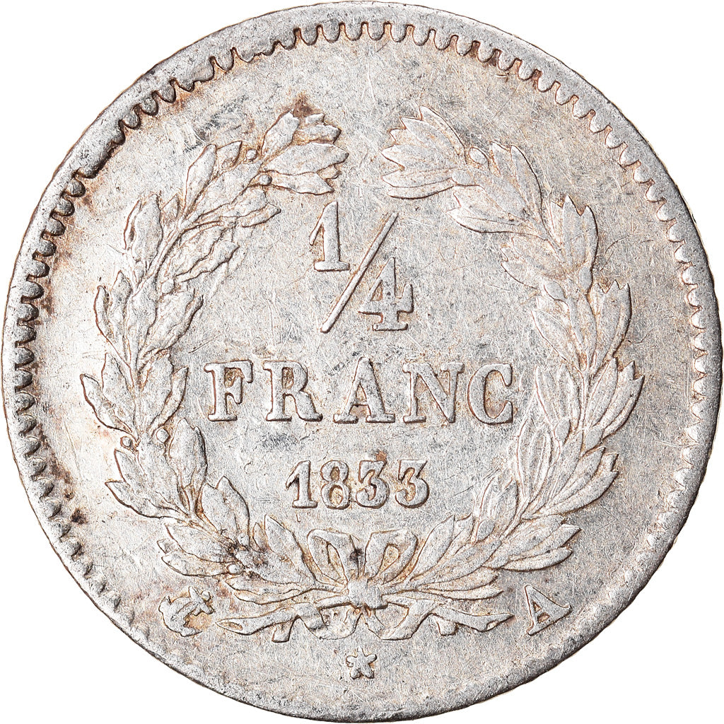 Coin, France, Louis-Philippe, 1/4 Franc, 1833, Paris, AU(50-53), Silver