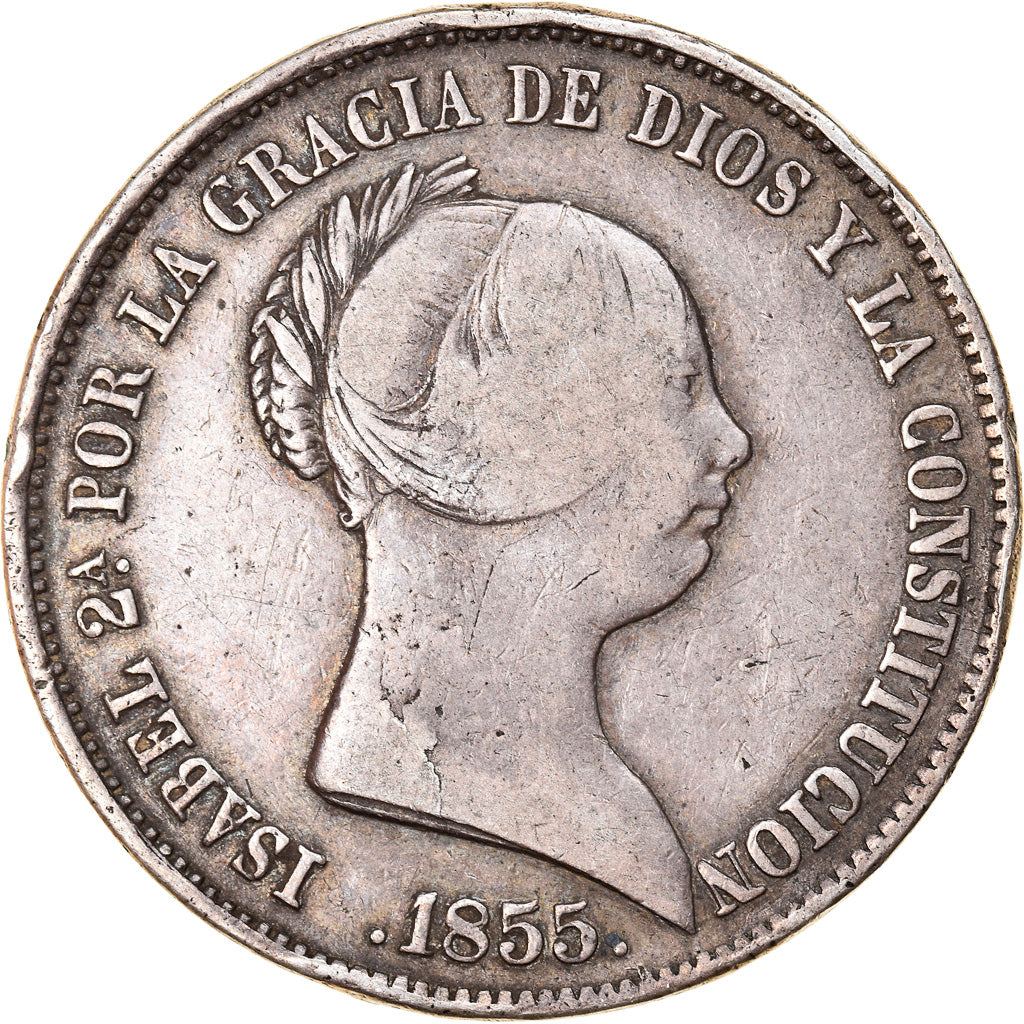 Moneda, España, Isabel II, 20 Réales, 1855, Sevilla, BC+, Plata, KM:593.3