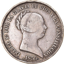 Moneda, España, Isabel II, 20 Réales, 1855, Sevilla, BC+, Plata, KM:593.3