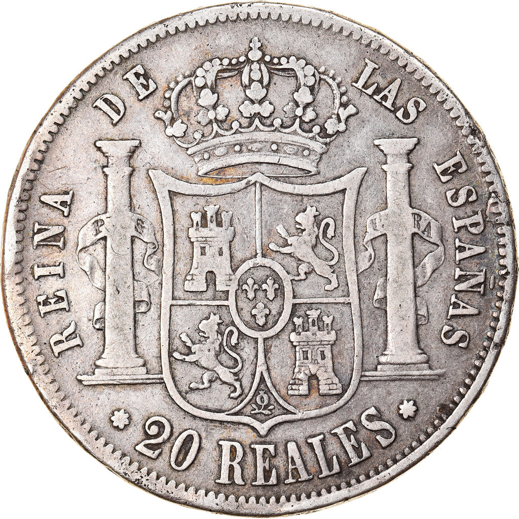 Moneda, España, Isabel II, 20 Réales, 1855, Sevilla, BC+, Plata, KM:593.3