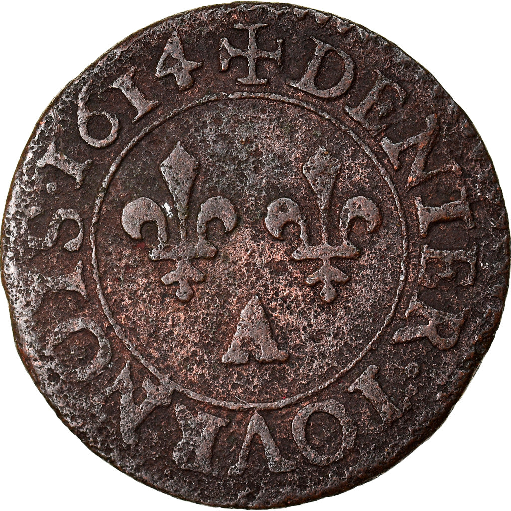 Coin, France, Louis XIII, Denier Tournois, 1614, Paris, EF(40-45), Copper