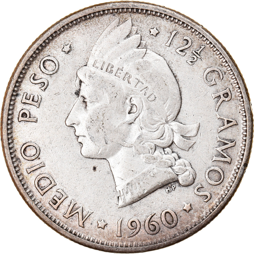 Coin, Dominican Republic, 1/2 Peso, 1960, EF(40-45), Silver, KM:21