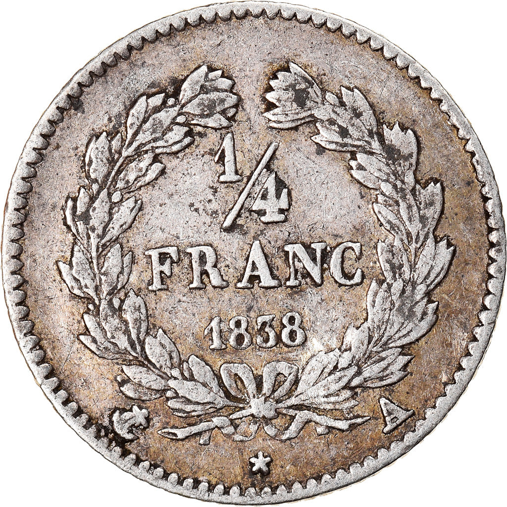 Moneta, Francia, Louis-Philippe, 1/4 Franc, 1838, Paris, BB, Argento, KM:740.1