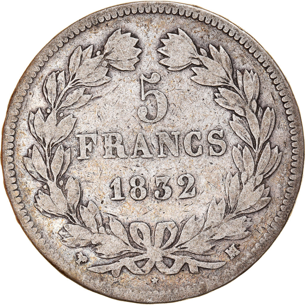 Moeda, França, Louis-Philippe, 5 Francs, 1832, Marseille, VF(20-25), Prata