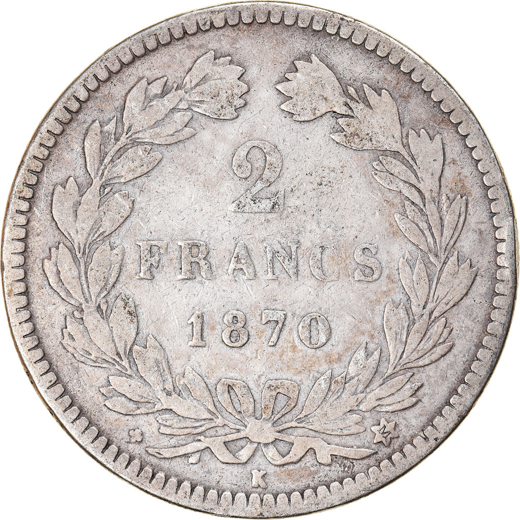 Moneta, Francia, Cérès, 2 Francs, 1870, Bordeaux, MB, Argento, KM:816.2