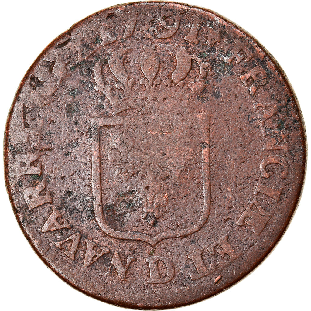 Coin, France, Louis XVI, Sol à l'Ecu, 1791, Lyon, VF(20-25), Copper