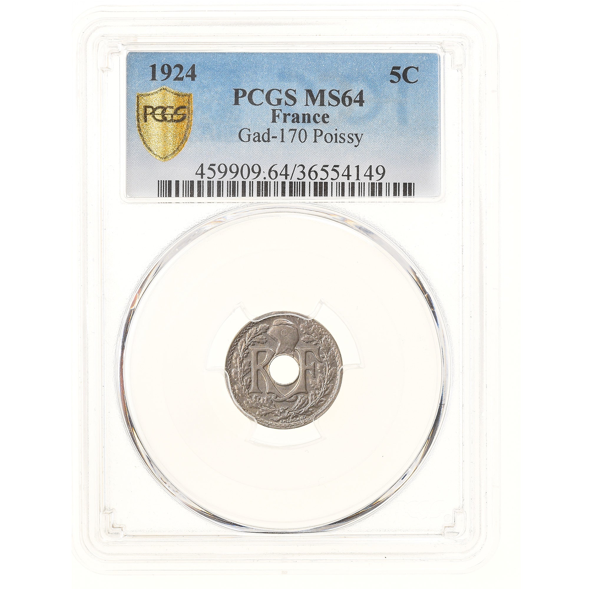 Munten, Frankrijk, Lindauer, 5 Centimes, 1924, Poissy, PCGS, MS64, UNC