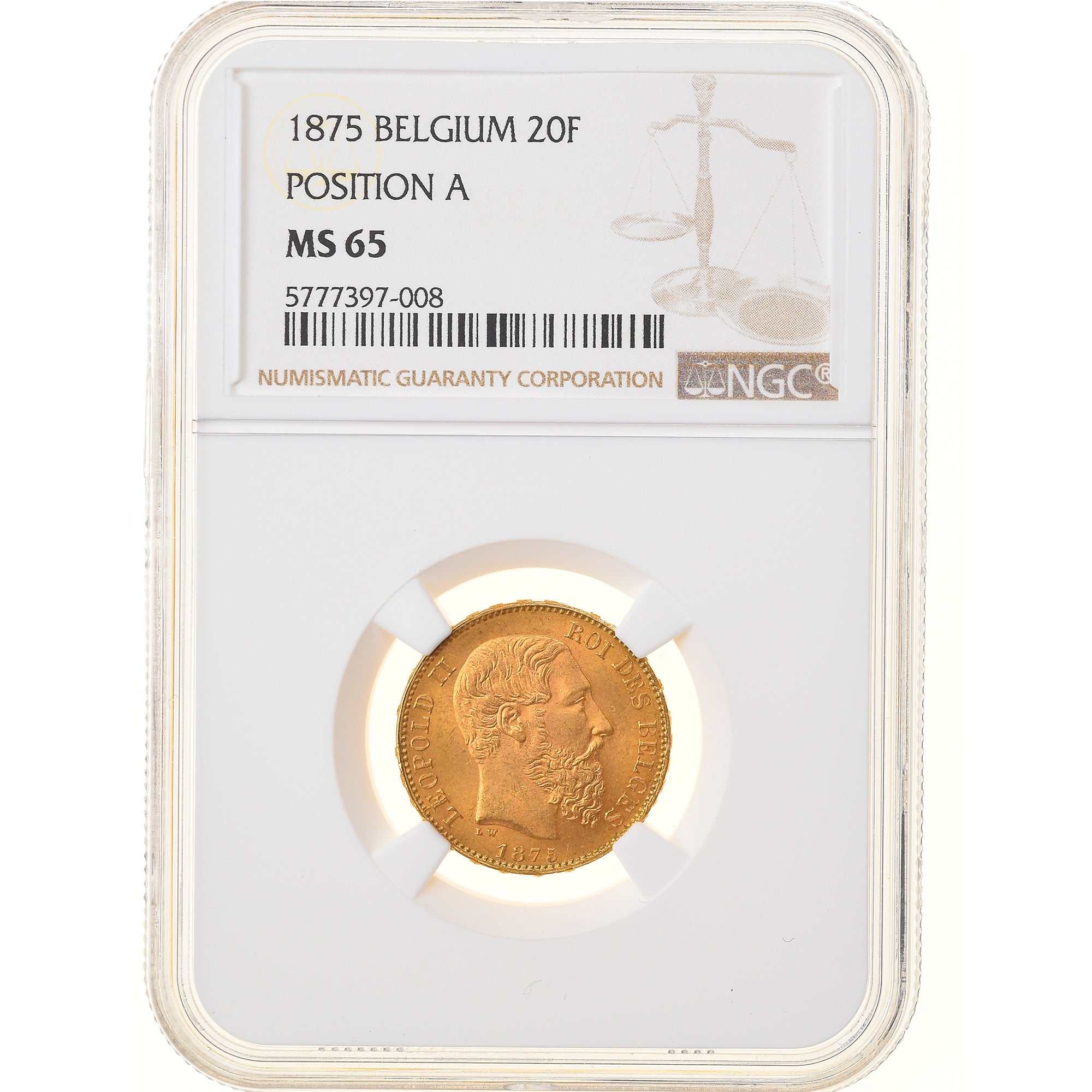 Münze, Belgien, Leopold II, 20 Francs, 20 Frank, 1875, NGC, MS65, STGL, Gold