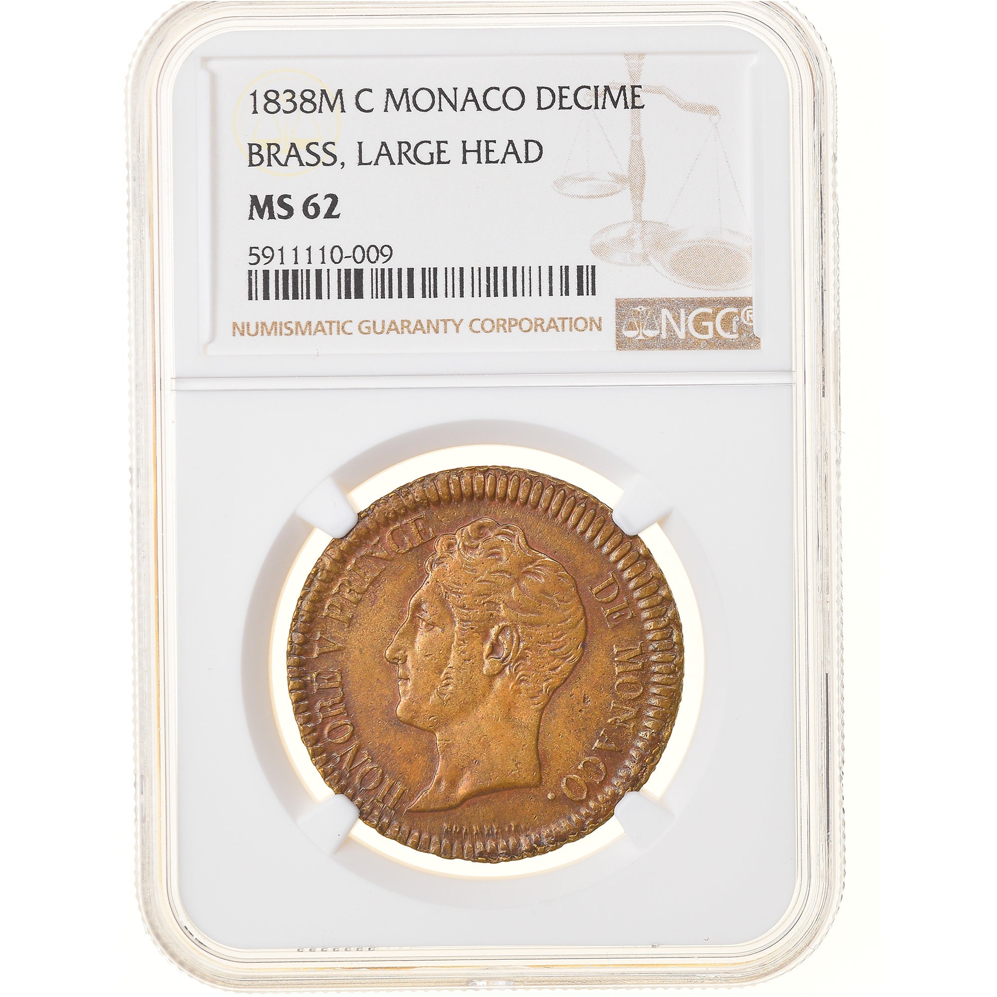 Coin, Monaco, Honore V, Decime, 1838, Monaco, NGC, MS62, MS(60-62), Copper