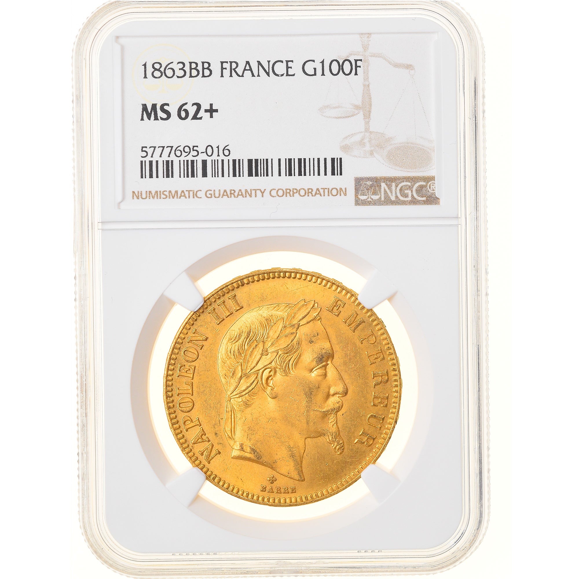 Moneda, Francia, Napoleon III, 100 Francs, 1863, Strasbourg, NGC, MS62+, EBC+